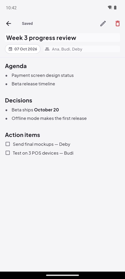 Hoursbox — a meeting note with agenda, decisions and action items