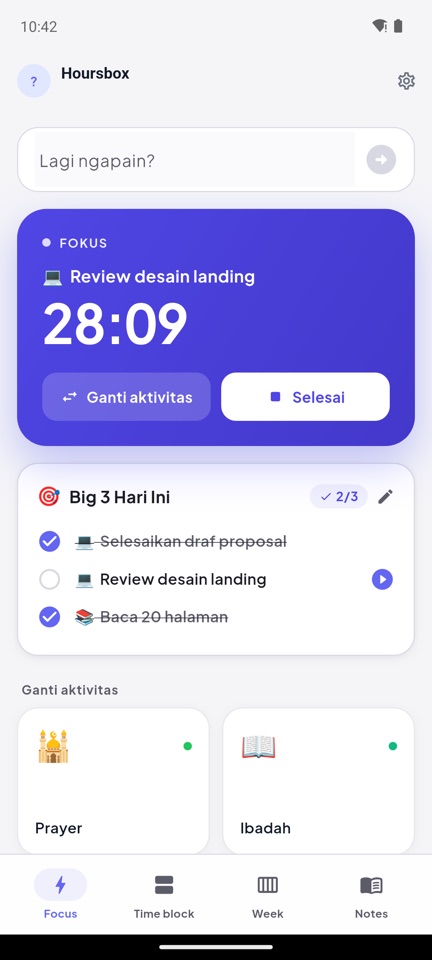 Hoursbox — sesi fokus berjalan, dengan Big 3 hari ini