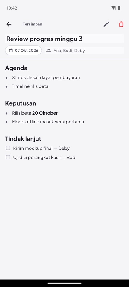 Hoursbox — catatan rapat berisi agenda, keputusan, dan tindak lanjut